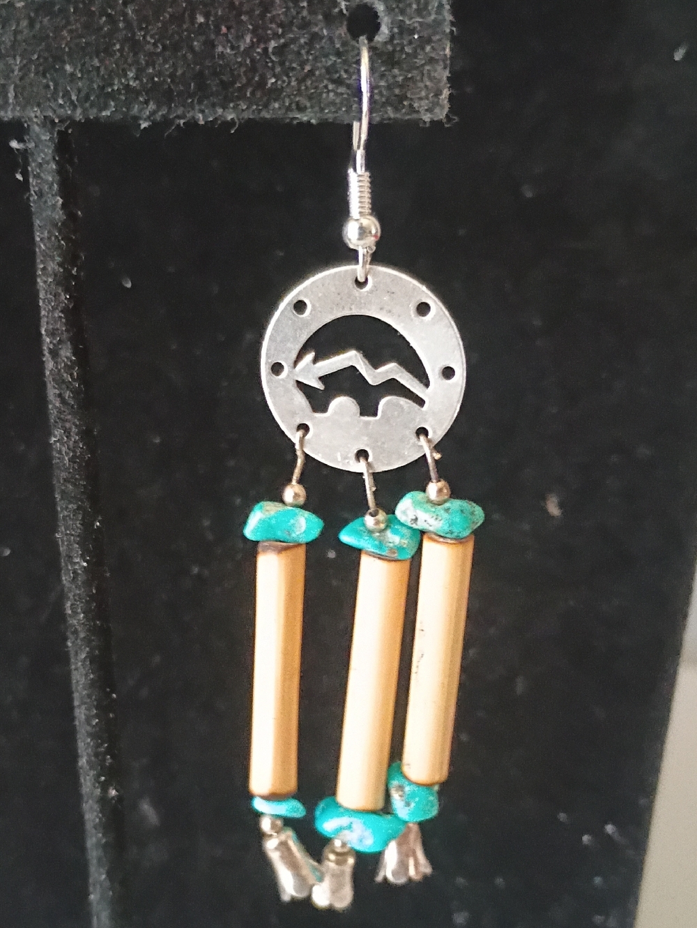 Native American Earrings  Silver Pllated Buffalo, Tulip And Turquoise Beads - Picture 5 of 11